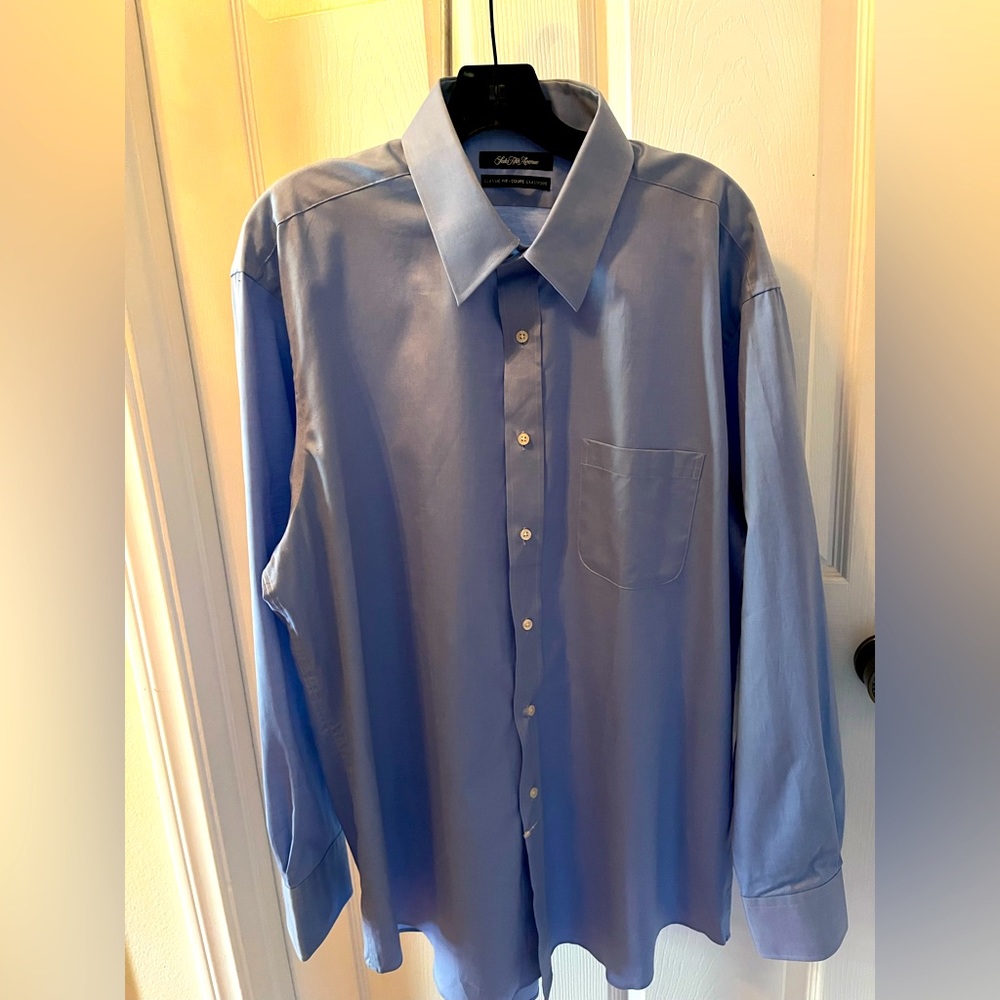 Men's long sleeve, button front, lightish blue dress shirt by Saks 5th Avenue